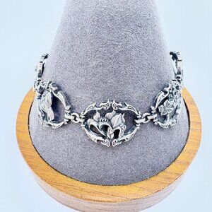 VTG Solid Sterling Silver 925 Floral Design Chain Bracelet Size 7.5" Length